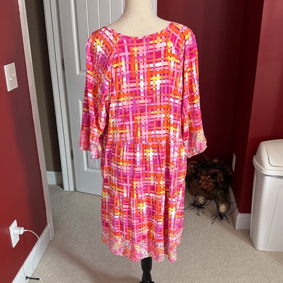 Isaac Mizrahi Pink and Orange Plaid Midi Dress - Picture 5 of 5